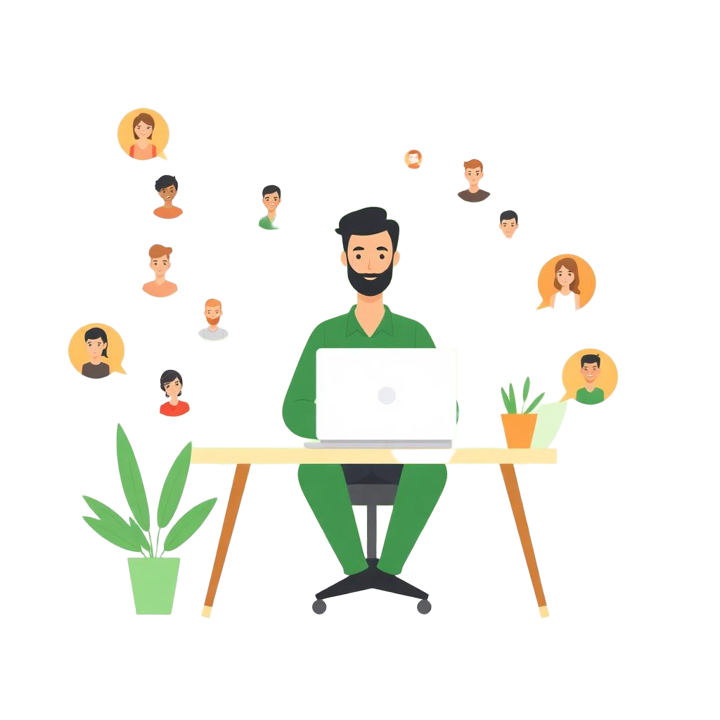 Illustration of a professional at a desk surrounded by a global community of teammate avatars